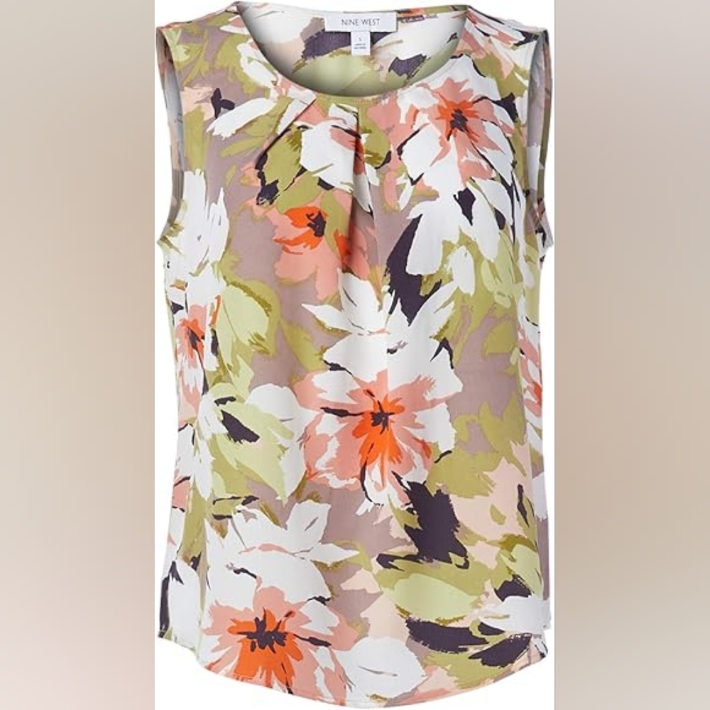 Nine West Women's Pleated Floral Print Blouse Top, Sz. SMALL